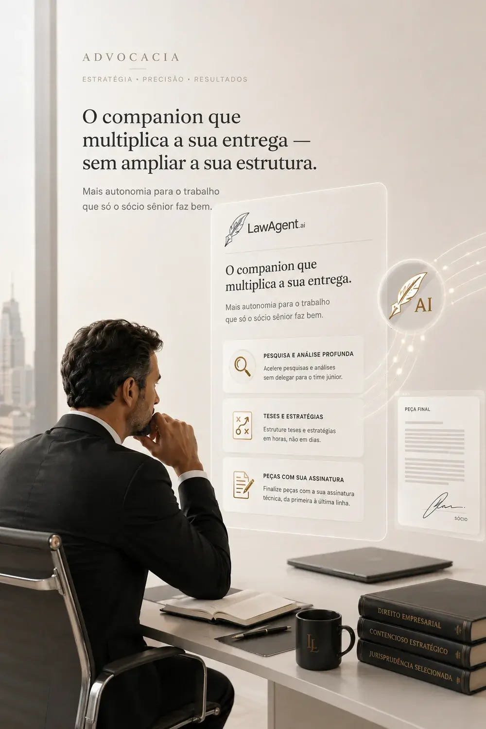 Visual conceitual: companion de IA para sócios sêniores de grandes escritórios