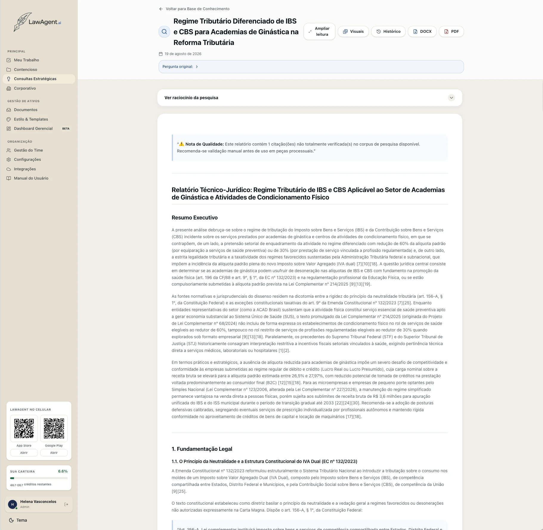 Relatório de Deep Research do LawAgent sobre regime tributário de IBS e CBS, com resumo executivo, nota de qualidade sobre citações e opções de exportação.