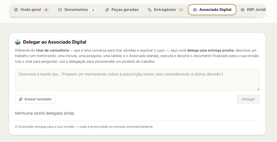Painel “Delegar ao Associado Digital” no LawAgent, com campo para descrever a tarefa e anexar template.