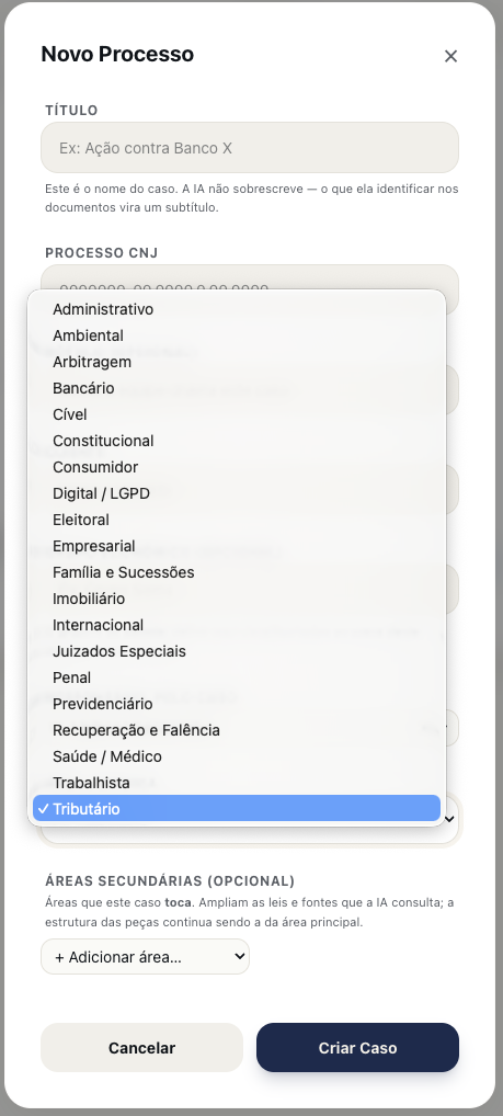 Modal de criação de um novo processo no LawAgent, com o seletor de área do direito mostrando 20 opções, de Administrativo a Trabalhista.
