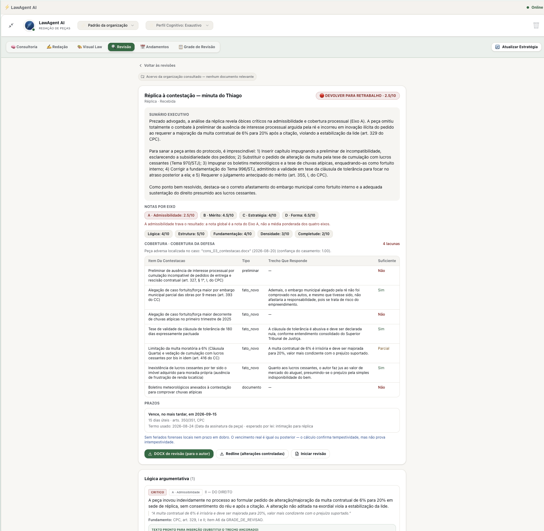Tela de Revisão do LawAgent, com sumário executivo, notas por eixo, cobertura da defesa e opções para exportar em DOCX ou redline.