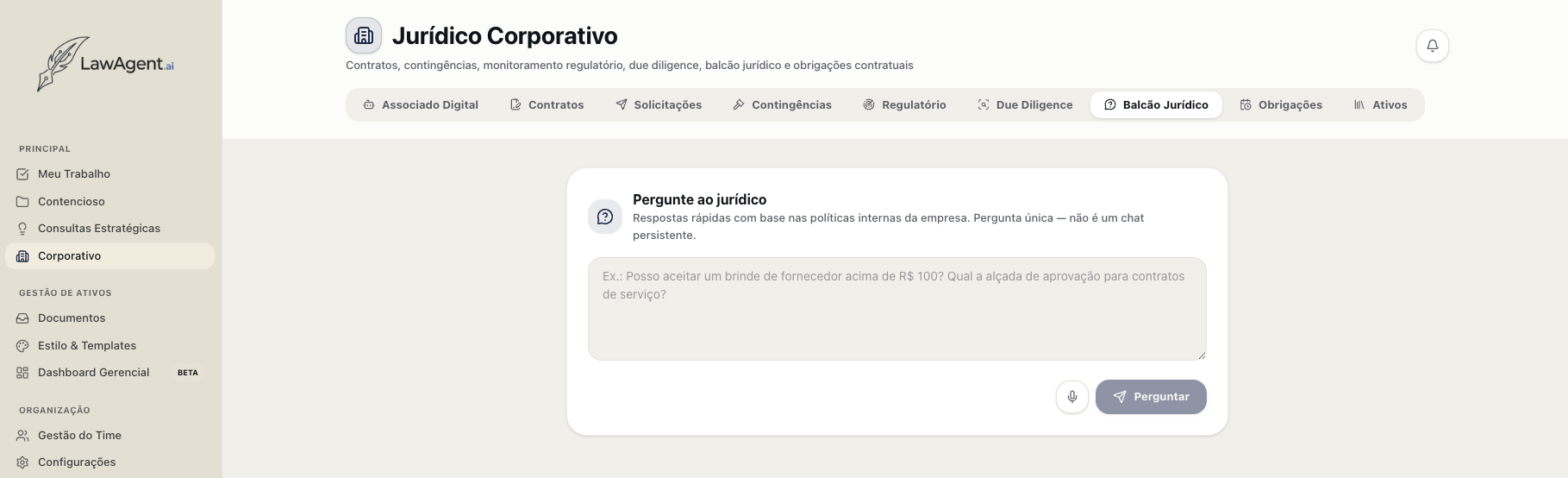 Aba Balcão Jurídico do módulo Corporativo, com campo para perguntar ao jurídico com base nas políticas internas da empresa.
