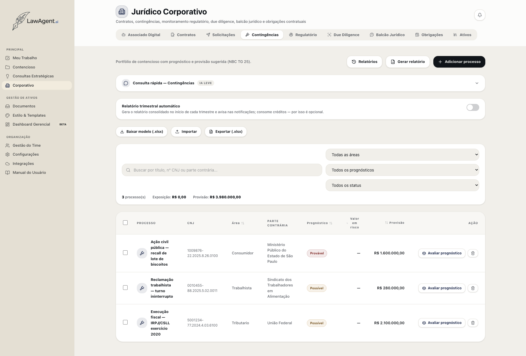 Aba Contingências do módulo Corporativo, com processos, prognóstico, provisão e a opção de relatório trimestral automático.