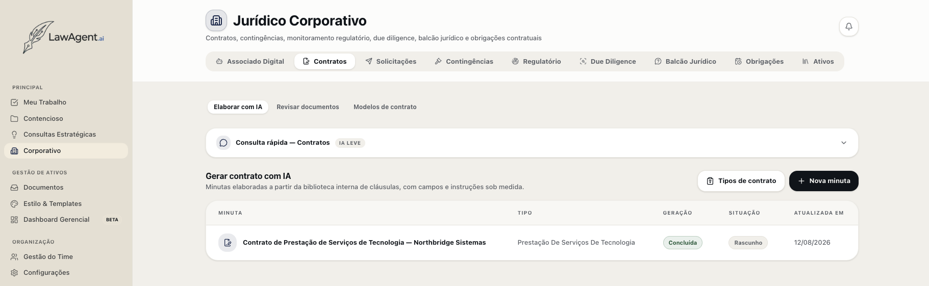 Aba Contratos do módulo Corporativo, com as opções Elaborar com IA, Revisar documentos e Modelos de contrato.