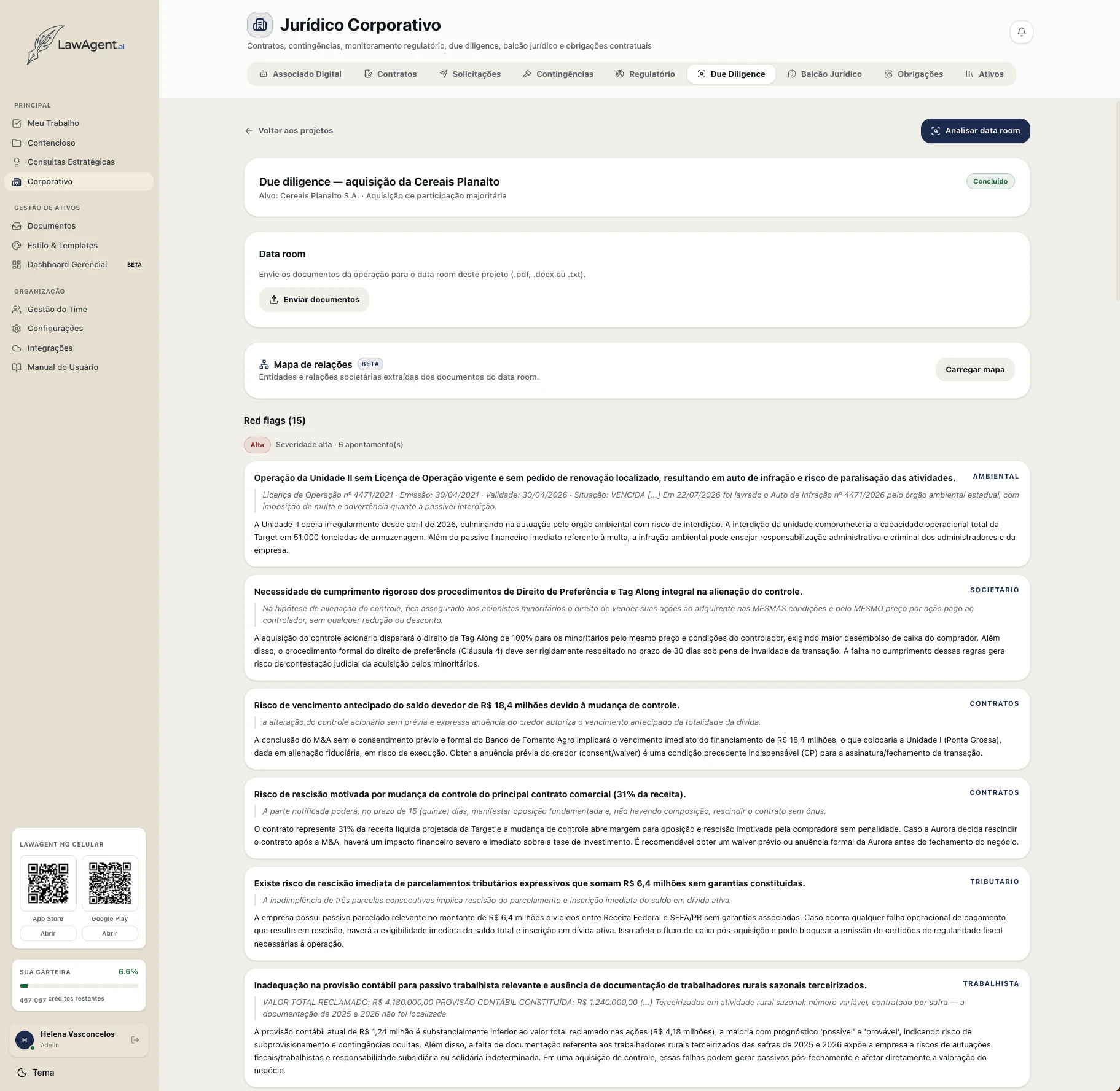 Projeto de due diligence no LawAgent, com data room, mapa de relações societárias e red flags classificados por severidade e área.