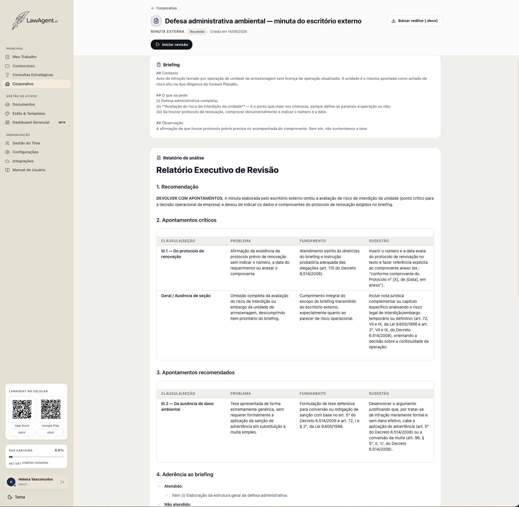 Relatório Executivo de Revisão de uma minuta produzida por escritório externo, com recomendação, apontamentos críticos em tabela e aderência ao briefing.