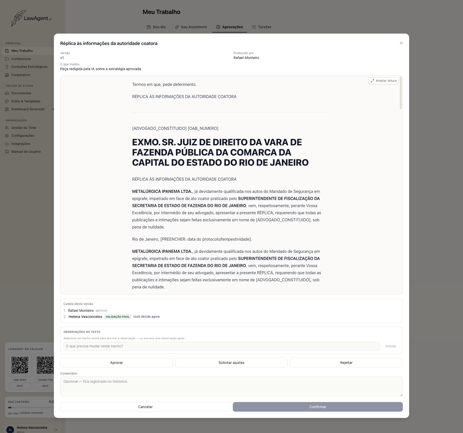 Modal de revisão de documento no LawAgent, com opções de aprovar, solicitar ajustes ou rejeitar.