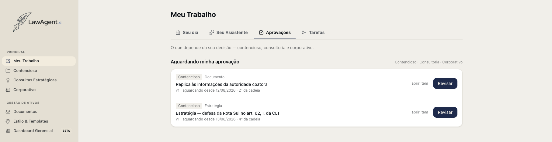 Tela “Aprovações” do LawAgent, com os itens aguardando decisão do usuário.