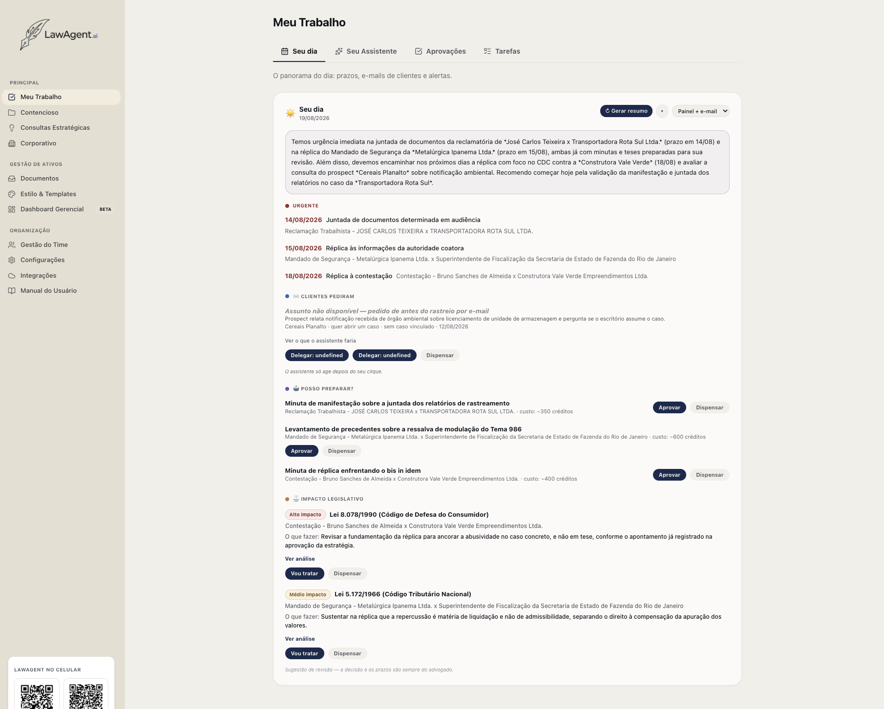 Tela “Seu dia” do LawAgent, com resumo do dia, prazos urgentes, pedidos de clientes e alertas de impacto legislativo.