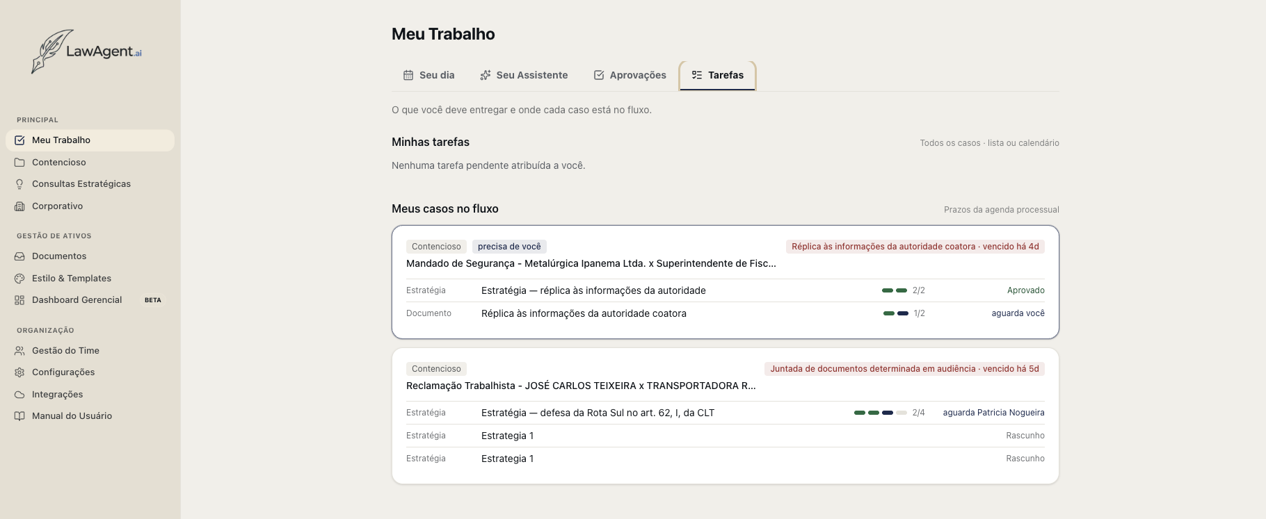 Tela “Tarefas” do LawAgent, listando tarefas pendentes e os casos no fluxo.