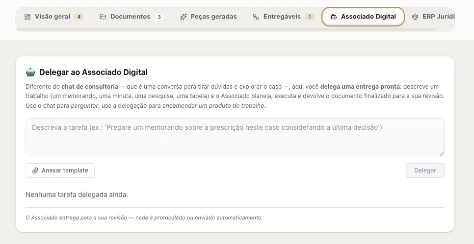 Painel “Delegar ao Associado Digital” no LawAgent, com campo para descrever a tarefa e anexar template.