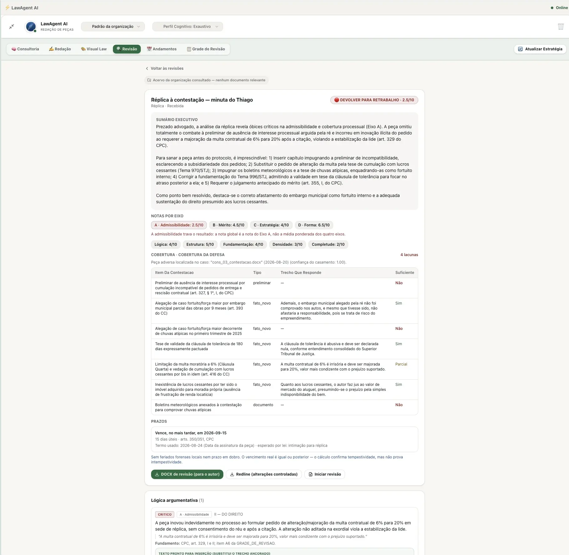 Tela de Revisão do LawAgent, com sumário executivo, notas por eixo, cobertura da defesa e opções para exportar em DOCX ou redline.
