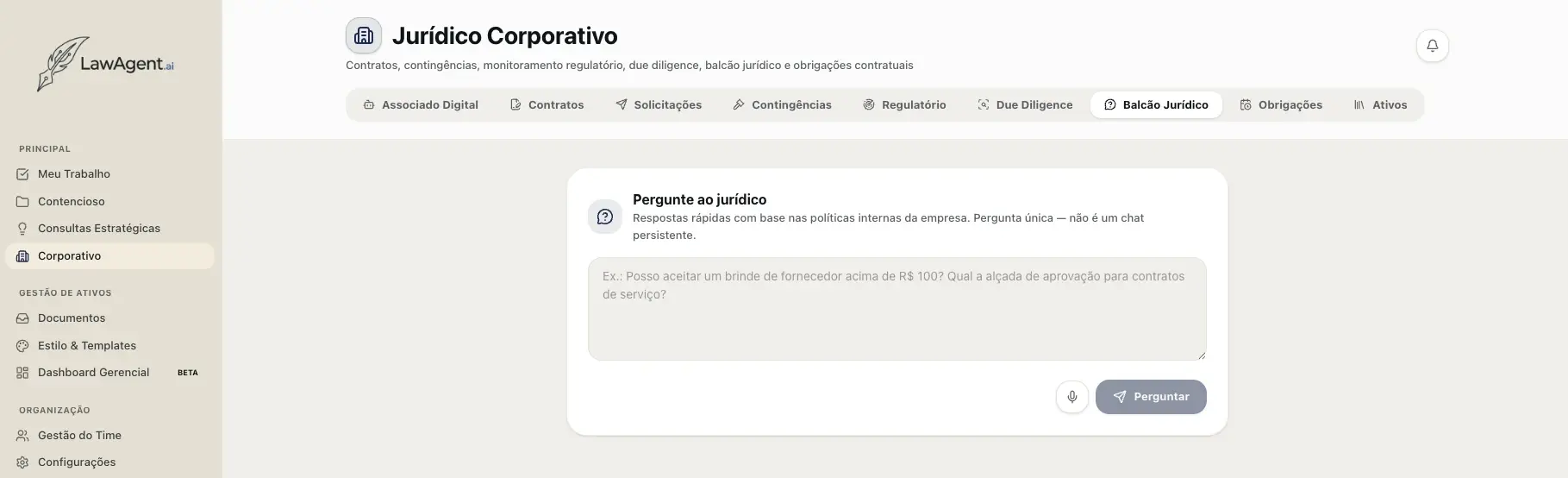 Aba Balcão Jurídico do módulo Corporativo, com campo para perguntar ao jurídico com base nas políticas internas da empresa.