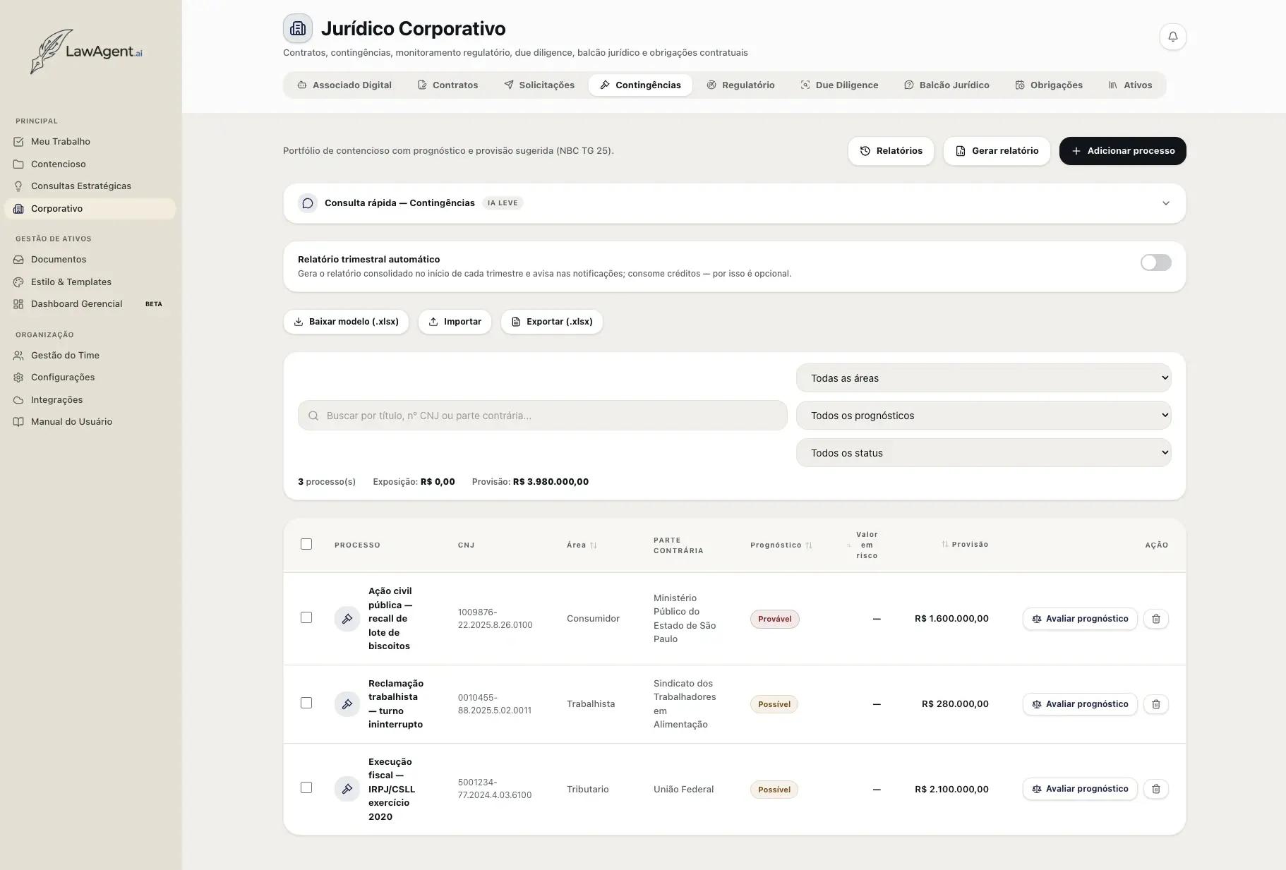 Aba Contingências do módulo Corporativo, com processos, prognóstico, provisão e a opção de relatório trimestral automático.