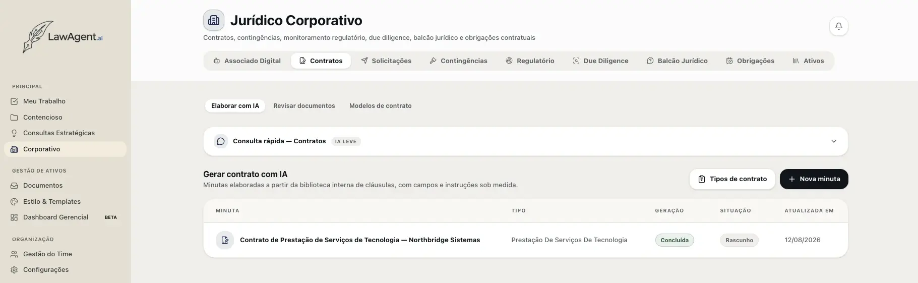 Aba Contratos do módulo Corporativo, com as opções Elaborar com IA, Revisar documentos e Modelos de contrato.