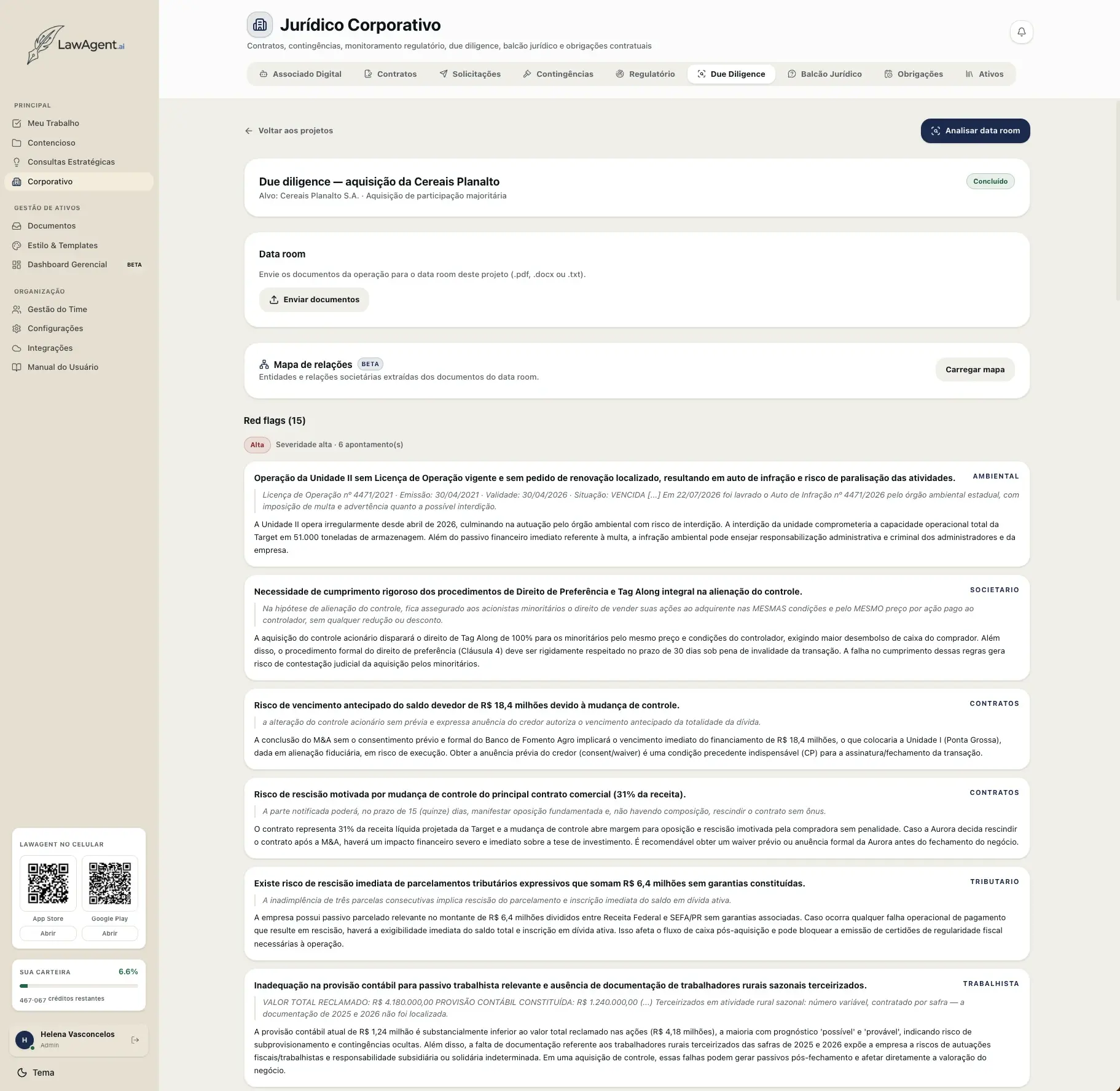 Projeto de due diligence no LawAgent, com data room, mapa de relações societárias e red flags classificados por severidade e área.
