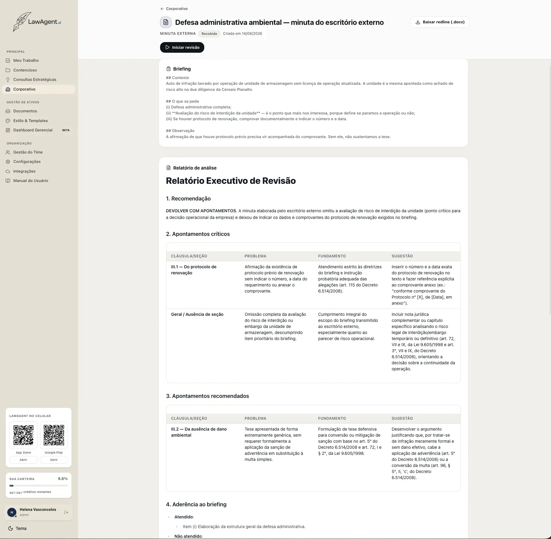 Relatório Executivo de Revisão de uma minuta produzida por escritório externo, com recomendação, apontamentos críticos em tabela e aderência ao briefing.