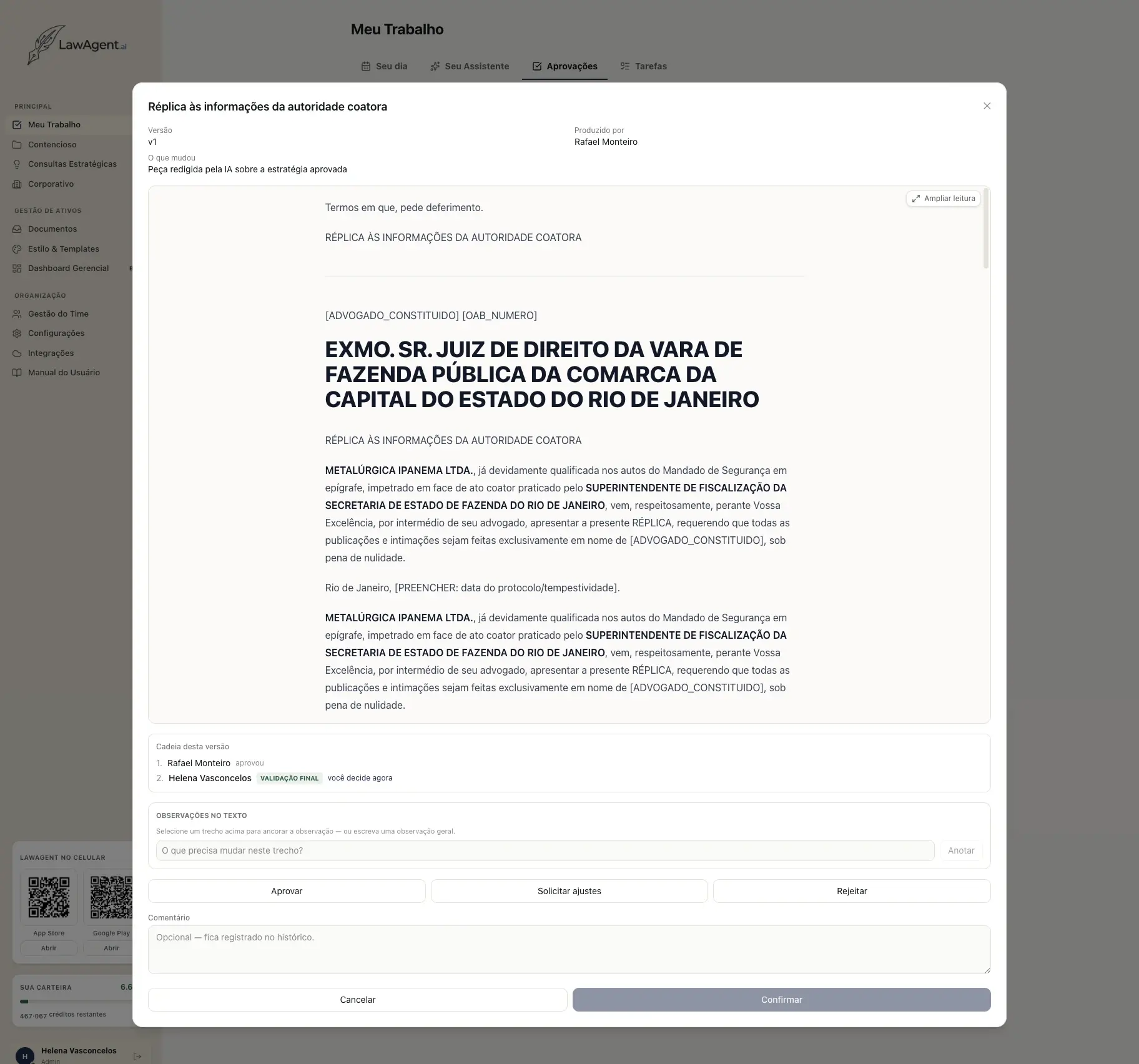 Modal de revisão de documento no LawAgent, com opções de aprovar, solicitar ajustes ou rejeitar.