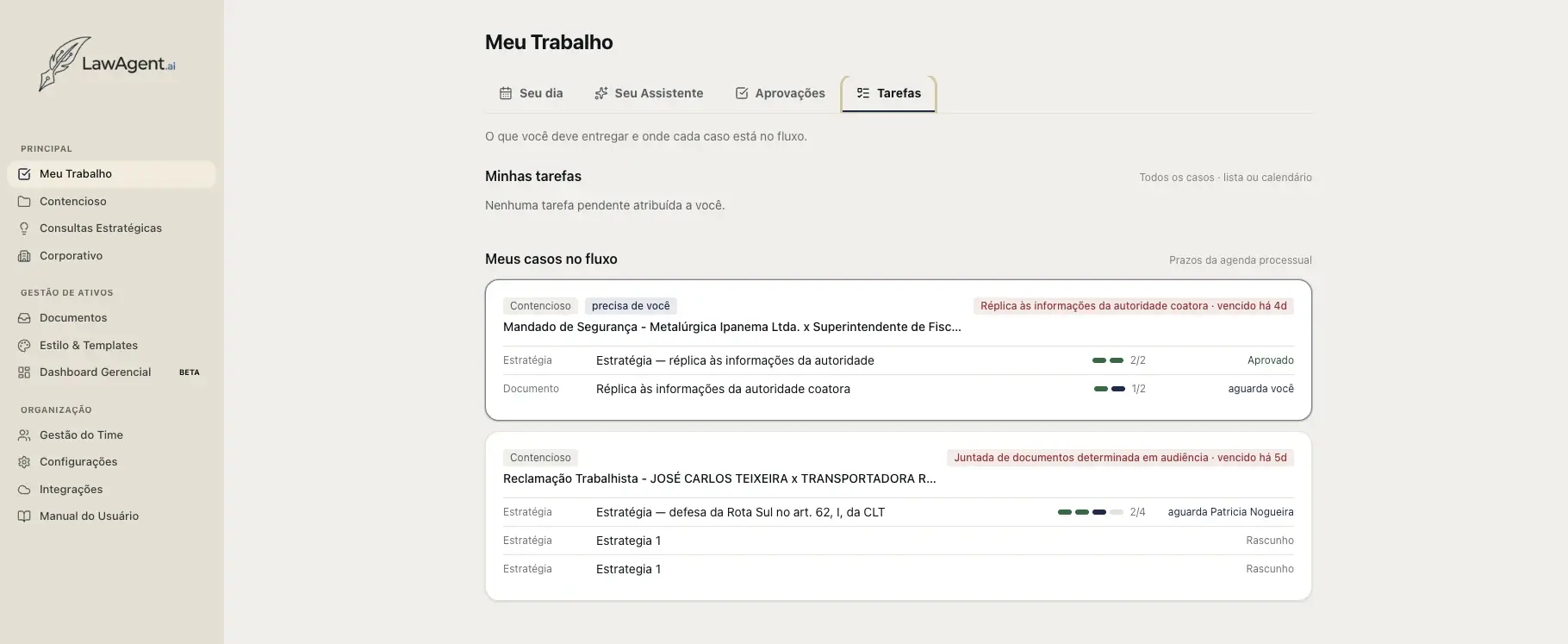 Tela “Tarefas” do LawAgent, listando tarefas pendentes e os casos no fluxo.